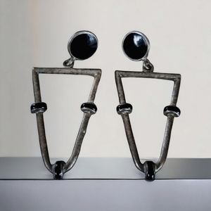 Vintage Geometric Antiqued Silver Tone Black Enamel Pierced Earrings
